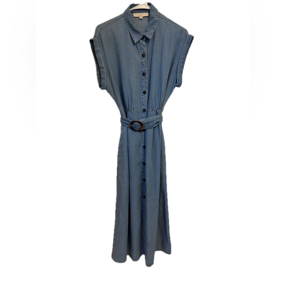 LOFT - Chambray Denim Button-Down Midi Pocket Shirtdress in Blue - Picture 3 of 4